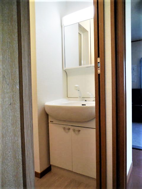 （クリナップ）「ＢＴＳ」間口６０㎝両開きタイプ　２面鏡（ＬＥＤ）　シャワー付シングルレバー水栓　施工例